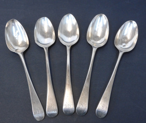 Lot 152 - c1831 London Hallmarked Sterling Silver Flatware - 5 spoons by RC - Ra