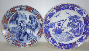 Lot 158 - 2 x Vintage Large Japanese Porcelain, Chargers with hand painted lake