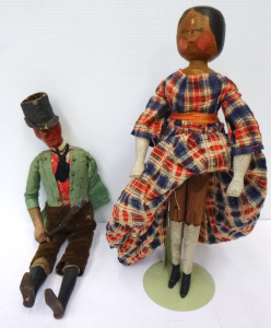 Lot 162 - 2 x Dolls inc Early to Mid 19th C Carved Wooden Articulated Peg Dolls