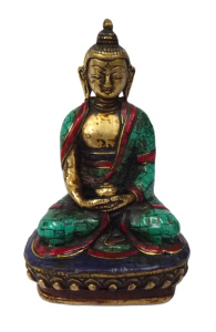 Lot 183 - Vintage Bronze Seated Buddha Figure with coloured enamel, approx 15cm