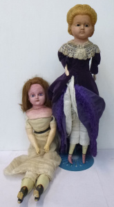 2 x Wax over Paper Mache Composition Dolls inc, C 1850s German with moulded hai