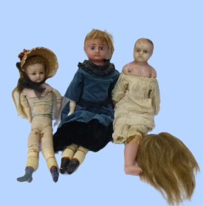 3 x 19th C Wax over Paper Mache Composition Dolls all with padded bodies, hand