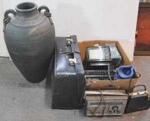 Lot 28 - Box lot + Large Ceramic Vase, cased Russian Portable Sewing Machine, ol
