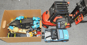 Lot 47 - Box Lot plus of Mixed Toys inc RC Forklift, Slot Car Tracks, Tin Toy Ca