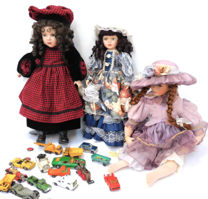 Lot 49 - Mixed Box lot inc 3 x modern porcelain dressed dolls & vintage mode