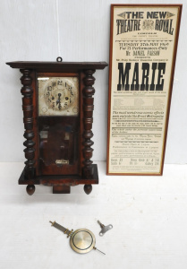 Lot 55 - 2 pces Vintage inc Wooden Regulator clock with key & Pendulum carve