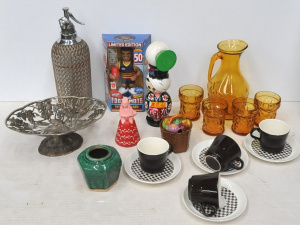 Lot 71 - Mixed Group lot inc Kokeshi doll, 5 pce Amber glass drink set Soda Stre
