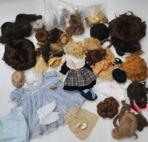 Lot 73 - Group lot of Dolls Accessories inc Wigs - various sizes, Hair, Clothing