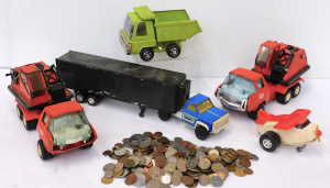 Lot 78 - Group lot - Vintage pressed Tin Tonka Toys + Bag Foreign Coin Currency