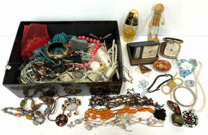 Lot 79 - Box mainly costume jewellery, necklaces, alarm clocks, perfume, brooche