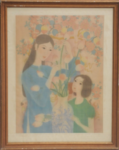 Lot 82 - Artist Unknown - Large framed Vietnamese Watercolour on Silk - Girls wi