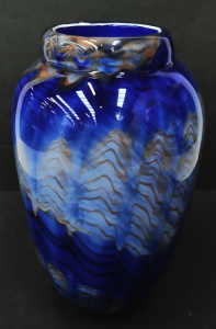 Lot 119 - Heavy Art Glass Cobalt Blue Vase with Grey and Orange swirls - polishe