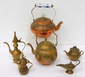 Lot 123 - Group lot of Brass & Copper Teapots inc Miniature