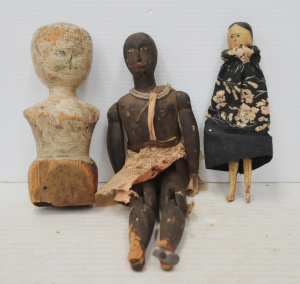 Lot 142 - 3 x vintage c1900 or earlier Wooden Dolls - Girl in Black Dress w labe