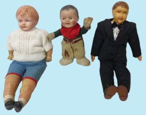 Lot 153 - 3 x vintage Dolls inc, formally dressed gent - hand painted wooden he