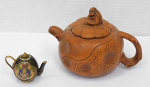 Lot 158 - 2 x vintage Chinese Teapots - Yixing Zisha w Monkey to id & charac