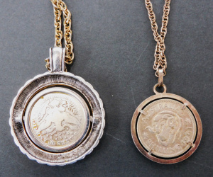 Lot 161 - 2 x Mounted currency coins Pendants inc Aust 1961 shilling & 1909 Lot 161 - 2 x Mounted currency coins Pendants inc Aust 1961 shilling & 1909