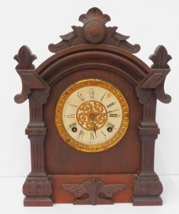 Lot 168 - Vintage Wooden Ansonia Cottage Clock with carved decoration w key &am