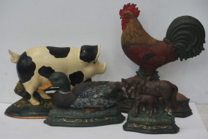 4 x Vintage Style Cast Iron Flat back Door Stops inc Duck, Cow, Horsers & R