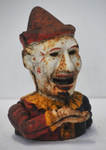 Vintage Mechanical Cast Iron Clown Money Box 19cm H
