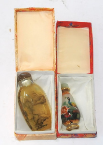 2 x boxed vintage style Chinese Glass Snuff Bottles - Hpainted interior Landscap