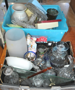 2 x Boxes of Mixed Glassware & ceramics incl Coloured Glass, Ceramic Bowls D