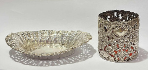 2 x pce Sterling Silver - embossed and pierced oval dish, Sheff 1899 approx 12cm