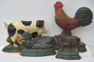 4 x Vintage Style Cast Iron Flat back Door Stops inc Duck, Cow, Horsers & R