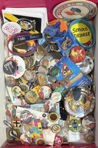 Box heaps badges, pins, etc Saints, Magpies, Builldogs, NBA, Land Rover, Religio