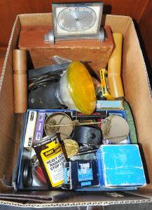 Box Lot of Vintage Blokey items Small Art Deco Mantle Clock, Tins, Small Spotlig