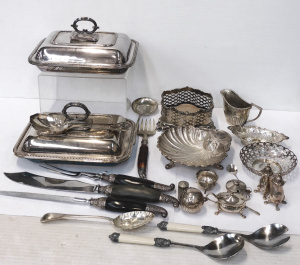 Group lot of EPNS inc Lidded Tureens, English leather trimmed hip flask, Thimble