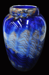 Heavy Art Glass Cobalt Blue Vase with Grey and Orange swirls - polished pontil 2