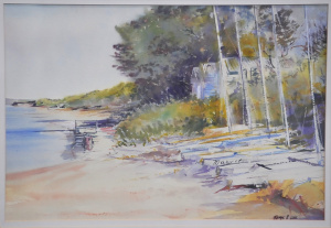 James A Uhe (Active c2000s) Large framed Watercolour - Blairgowrie Boatsheds - S
