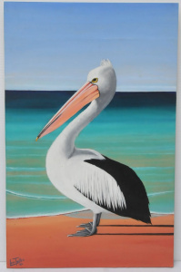 Len Testro (Active c2000s) Unframed Oil Painting on Board - A Great Pelican - Si