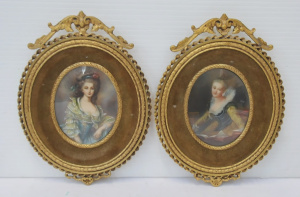 Pair framed Vintage handpainted Miniatures on thin celluloid panels - Helene De