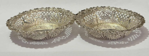 Pr embossed and pierced Sterling silver dishes - Sheff 1894 - 11 5 cms D TW appr