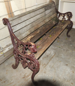 Vintage Outdoor Bench w Cast Iron Sides w Dogs Head Hand Rests - Needs New Slate