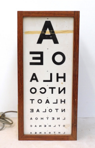 Lot 1 - Vintage Wooden & Perspex Light up Eye chart Box (crack to perspex)
