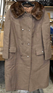 Lot 11 - Vintage ladies brown gaberdine double breasted padded coat with mink co Lot 11 - Vintage ladies brown gaberdine double breasted padded coat with mink co