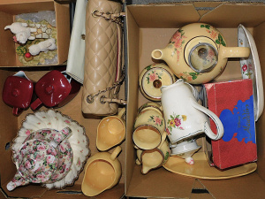Lot 44 - 2 x Boxes Mixed inc Robert Gorden Coffee set, English China, Ladies Bag