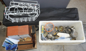 Lot 47 - 2 x Boxes of Mixed Items incl Pewter Mugs, Camping Stretcher Bed, Speak Lot 47 - 2 x Boxes of Mixed Items incl Pewter Mugs, Camping Stretcher Bed, Speak