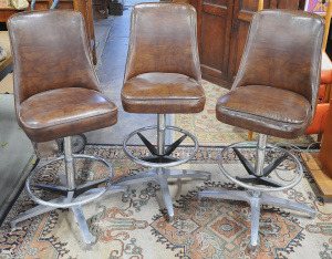 Lot 55 - 3 x Retro KOPEK Branded Bar Stools w Dark Brown Upholstery Lot 55 - 3 x Retro KOPEK Branded Bar Stools w Dark Brown Upholstery