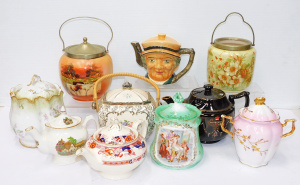 Lot 65 - Group lot Biscuit Barrels & Teapots inc Victorian, English Cottage