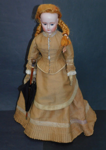 Lot 88 - 19th C Bisque Headed Fashion Doll with fixed glass eyes, pierced ears,