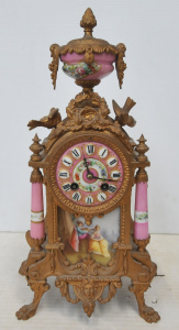 Lot 127 - Vintage French Gilt Metal Mantle Clock w A Scene of a Man Serenading A Lot 127 - Vintage French Gilt Metal Mantle Clock w A Scene of a Man Serenading A