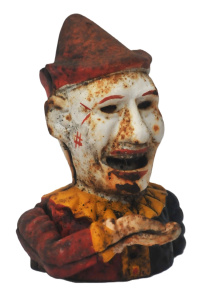 Lot 149 - Vintage Mechanical Cast Iron Clown Money Box 19cm H Lot 149 - Vintage Mechanical Cast Iron Clown Money Box 19cm H