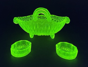 Lot 202 - 3 pce Citrine Uranium glass inc Small footed oblong basket 7cm H & Lot 202 - 3 pce Citrine Uranium glass inc Small footed oblong basket 7cm H &