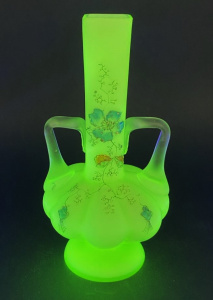 Lot 204 - Victorian Satin Uranium glass twin handled vase with hand painted flor Lot 204 - Victorian Satin Uranium glass twin handled vase with hand painted flor
