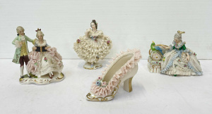 Lot 206 - 4 x vintage Dresden figurines -couple, Alka Monica, seated with parrot Lot 206 - 4 x vintage Dresden figurines -couple, Alka Monica, seated with parrot