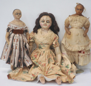 Lot 210 - 3 x 19th C Wax Covered Dolls - all with padded bodies & glass eyes Lot 210 - 3 x 19th C Wax Covered Dolls - all with padded bodies & glass eyes